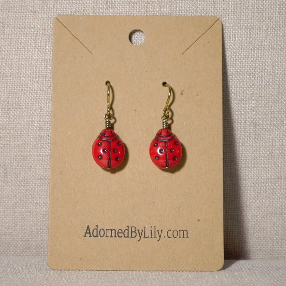 Hand Crafted Handmade Earrings Red Czech Glass Ladybug Earrings - Picture 2 of 5